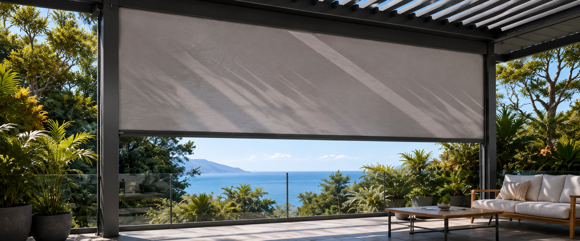 ZIP-guided windproof roller blind installed on an exposed outdoor pergola